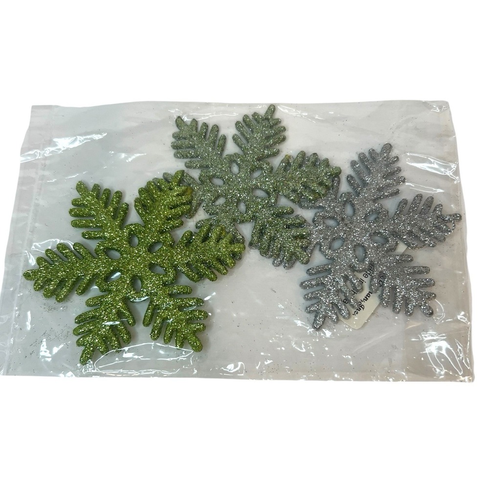Glitter Snowflake Ornaments Christmas Decoration Hanging Tree Green Silver Qty:7